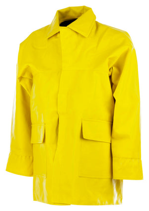 Leuchtend gelbe Wetterschutzjacke aus PU-Material mit verstellbaren Ärmelbündchen und Taschen.
