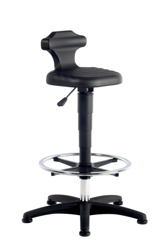 Ergonomische Stehhilfe mit höhenverstellbarem Sitz und rutschfester Fußplatte in modernem Design.