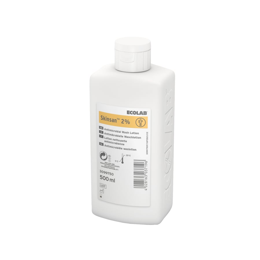 500ml Flasche Skinsan 2% Desinfektionslösung mit Sprühkopf für einfache Anwendung.
