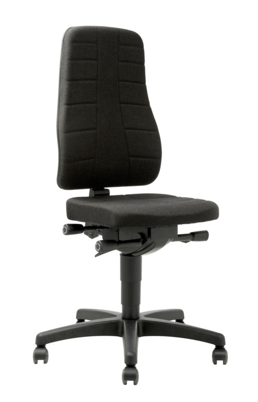 Höhenverstellbarer Arbeitsstuhl mit gepolsterter Sitzfläche und drehbarem Design für Werkstätten.