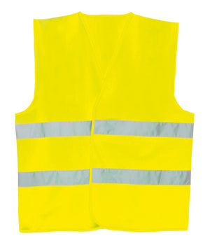 Leichte Warnschutzweste in leuchtgelb mit reflektierenden Streifen und Reißverschluss.