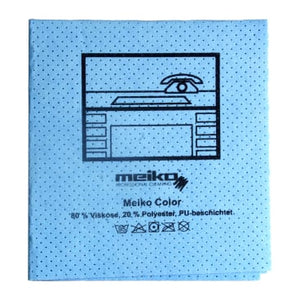 Blaues Meiko Fenstertuch mit Perforation und Telefon-Symbol.