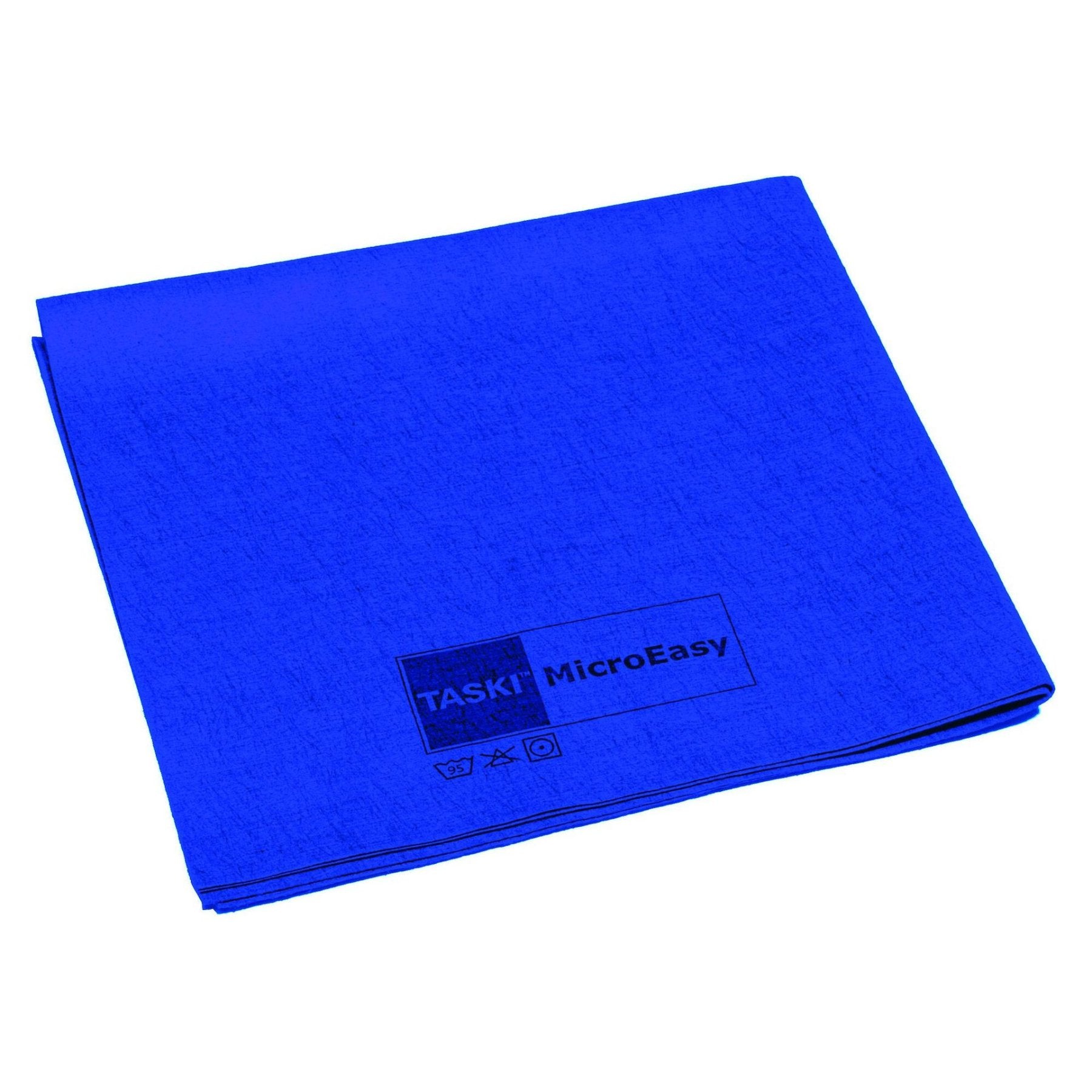 Taski MicroEasy blue microfiber cleaning cloth with care symbols.