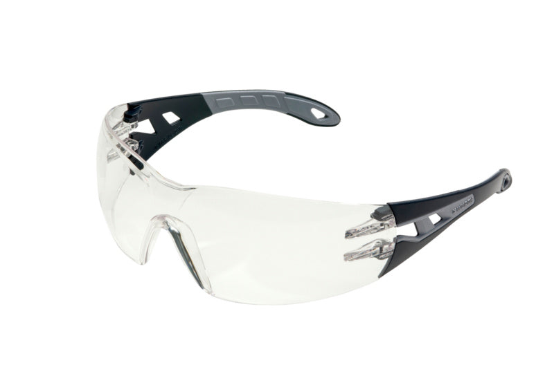 Klare Schutzbrille SHTZBRIL-(CETUS-S)-KLAR mit kratzfesten Polycarbonatlinsen und verstellbaren Bügeln.