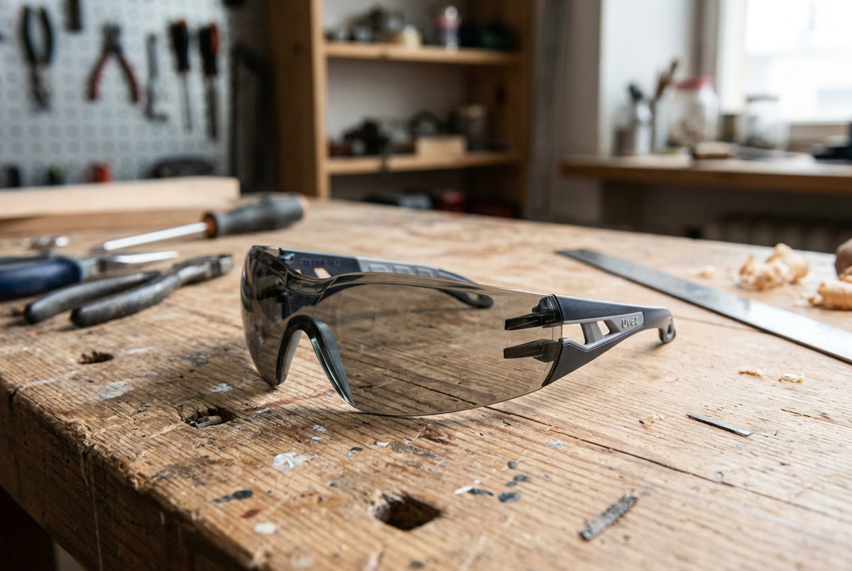 Graue Vollsichtbrille SHTZBRIL mit seitlichen Sichtverglasungen und verstellbaren elastischen Bändern.