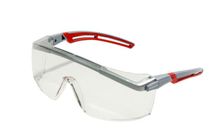 Klare Schutzbrille SHTZBRIL-(FORNAX-PLUS)-KLAR mit kratzfestem Polykarbonatglas und verstellbaren Bügeln.