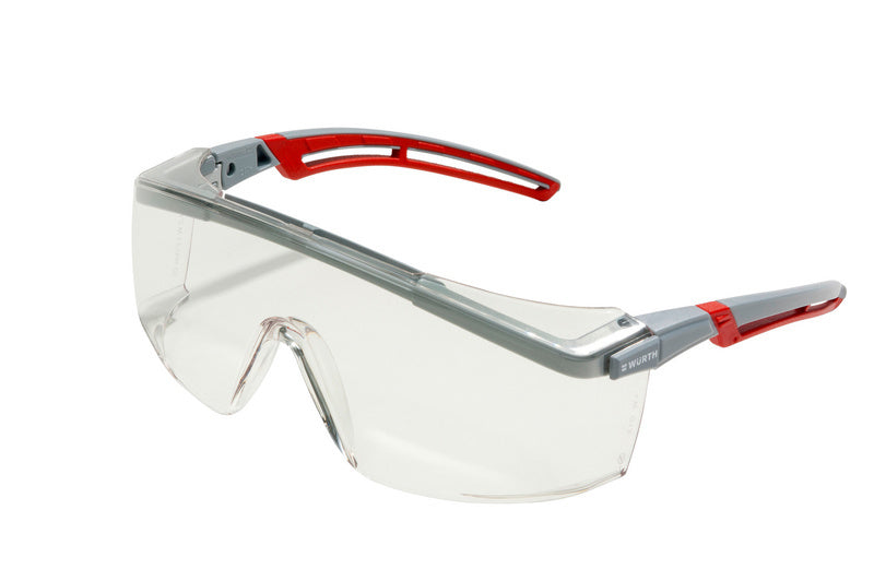 Klare Schutzbrille Fornax Plus mit verstellbaren Bügeln und rutschfestem Nasenteil.