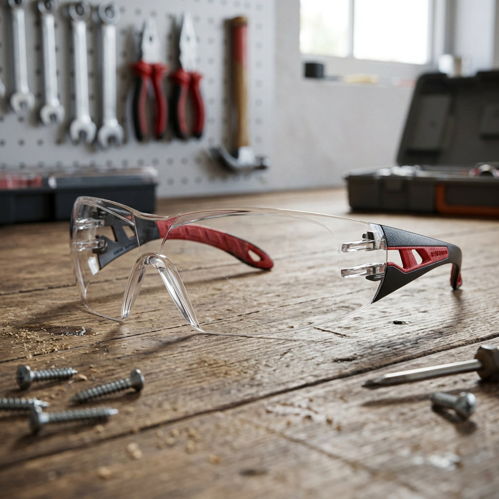 Klare, kratzfeste Schutzbrille mit ergonomischem Design und flexiblen Seitenteilen.