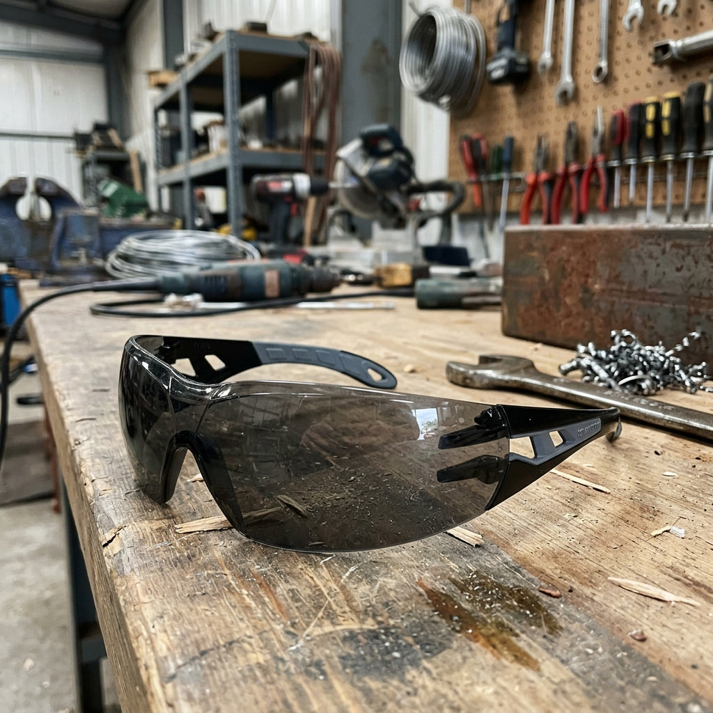 Grau getönte Schutzbrille SHTZBRIL-CETUS mit flexiblem Bügel und kratzfesten Gläsern.