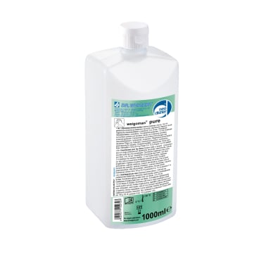 Transparente 1-Liter-Flasche weigoman pure Reinigungsmittel mit ergonomischem Verschluss und neutralem Duft.