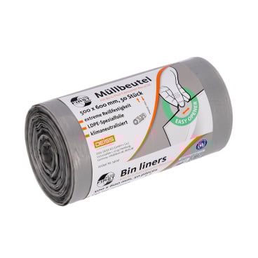 Graue Müllbeutel der Marke FIRST PLUS, 50 Stück pro Rolle.