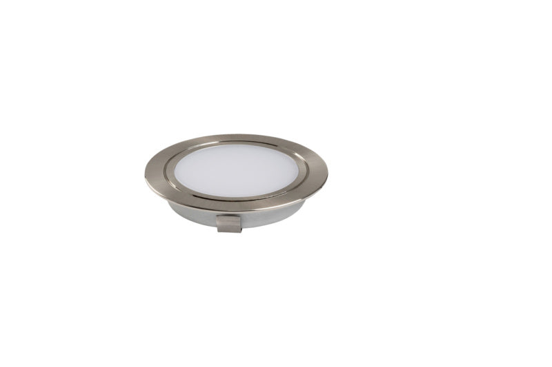 Runde LED-Einbauleuchte mit schlankem Design und warmweißem Licht für Deckenmontage.