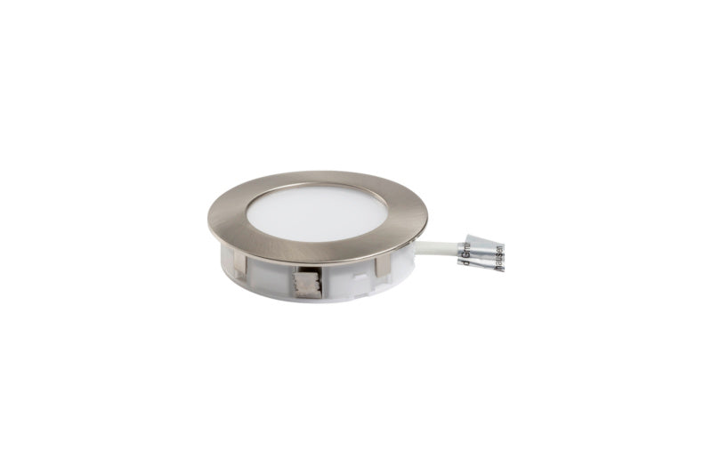 Runde LED-Einbauleuchte mit schlankem Design und warmweißem Licht für Deckenmontage.