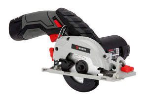 A cordless circular saw with a compact design and ergonomic handle for easy use.