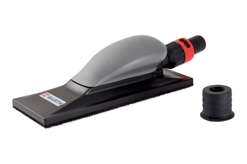 Handschleifblock mit Klettverschluss, ergonomischem Griff und Staubabsaugung für präzises Schleifen.