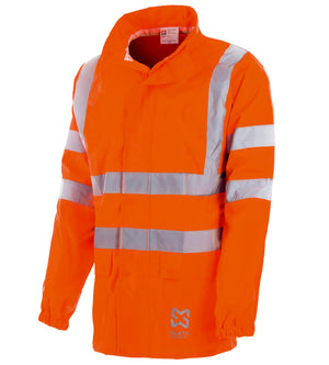 Warnschutzjacke in leuchtendem Orange mit reflektierenden Streifen und verstellbaren Ärmelbündchen.