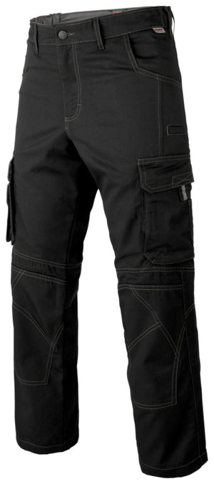 Schwarze Cargohose mit elastischem Bund und seitlichen Taschen für vielseitigen Gebrauch.