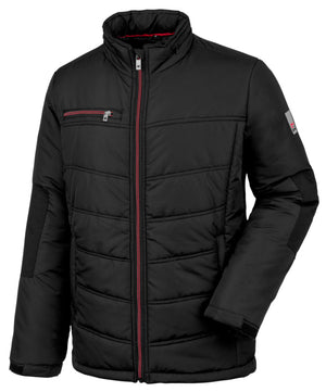 Schwarze, wattierte Arbeitsjacke mit ergonomischer Passform und praktischen Taschen.