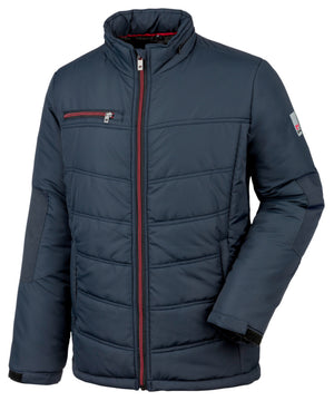 Dunkelblaue Arbeitsjacke mit Reißverschluss und mehreren Taschen für Handwerk und Industrie.