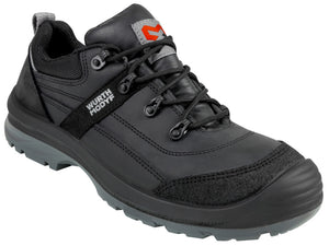 Schwarzer Sicherheitshalbschuh S3L mit durchtrittsicherer Stahlsohle und rutschfester Sohle.