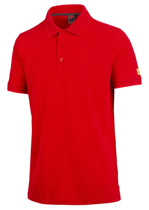 Rotes Arbeitspoloshirt mit Polokragen, ESD-Technologie und atmungsaktivem Mischgewebe.