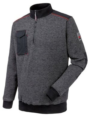 Anthrazitfarbener Arbeitspullover mit Half-Zip, hohem Kragen und seitlichen Einschubtaschen.