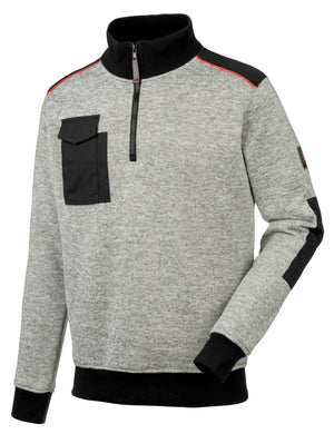 Grauer Arbeitspullover mit Half-Zip-Reißverschluss und meliertem Design aus strapazierfähigem Material.
