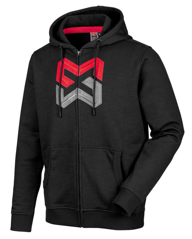 Schwarze Sweatjacke mit Reißverschluss, LOGO-Design und Seitentaschen in Größe XXL.