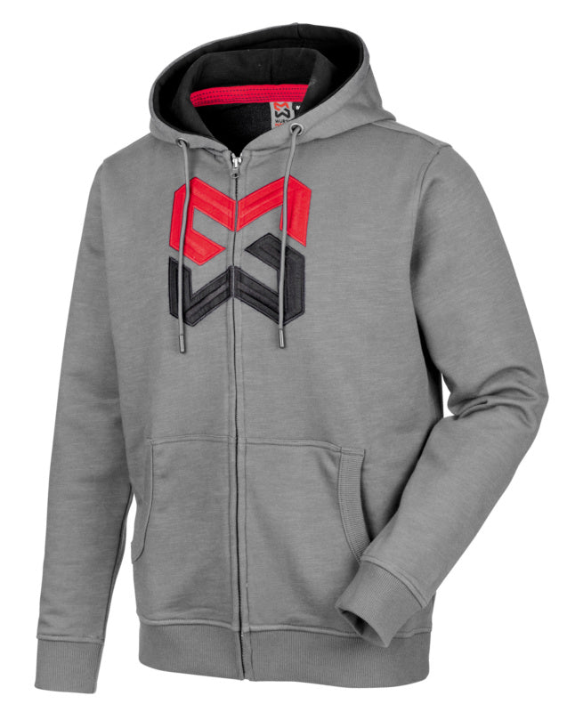 Stahlgraue Sweatjacke mit durchgehendem Reißverschluss und markantem Logo vorne