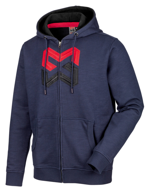 Dunkelblaue Sweatjacke mit Logo, Kapuze und durchgehendem Reißverschluss in Größe M.