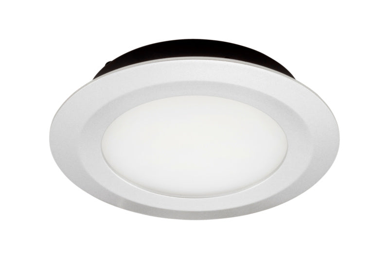 Runde LED-Einbauleuchte mit schlankem Design und warmweißem Licht für Deckenmontage.