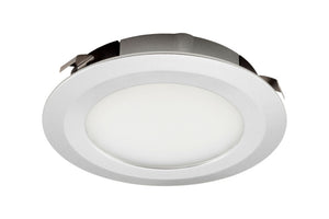 Runde LED-Einbauleuchte mit schlankem Design und warmweißem Licht für Deckenmontage.