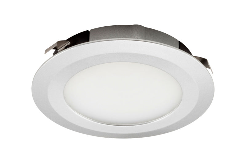 Runde LED-Einbauleuchte mit schlankem Design und warmweißem Licht für Deckenmontage.