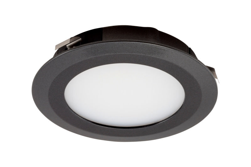 Runde LED-Einbauleuchte mit schlankem Design und warmweißem Licht für Deckenmontage.