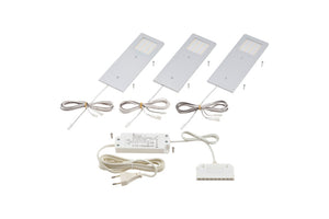 Drei energieeffiziente LED-Leuchten im modernen Aluminium-Design mit neutralem Weißlicht.