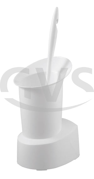 Weiße Kunststoff WC-Garnitur mit Vase und Bürste.