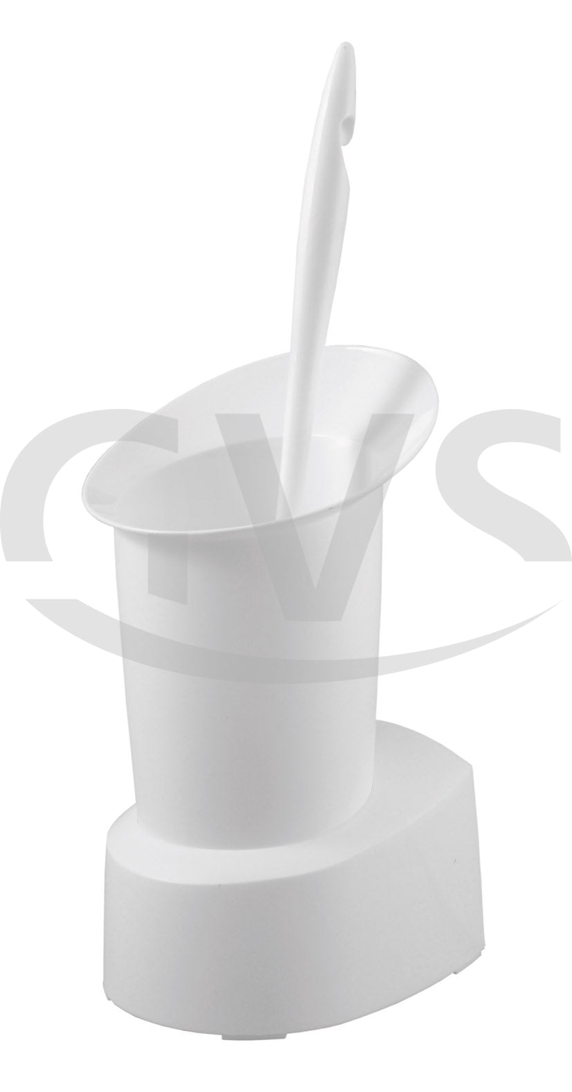 Weiße Kunststoff WC-Garnitur mit Vase und Bürste.