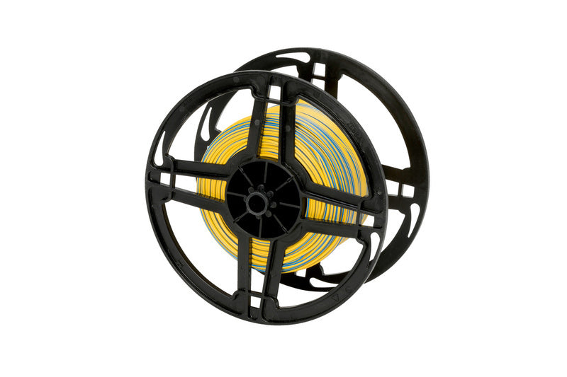 Yellow and blue vehicle wiring spool with flexible insulation.