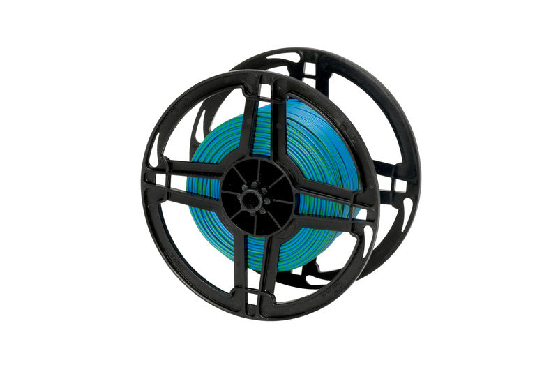Blue-green vehicle wiring spool with flexible insulation and multiple strands.