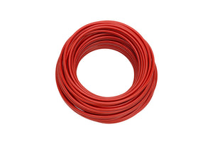 Red vehicle wiring harness with multiple connectors and flexible insulation.