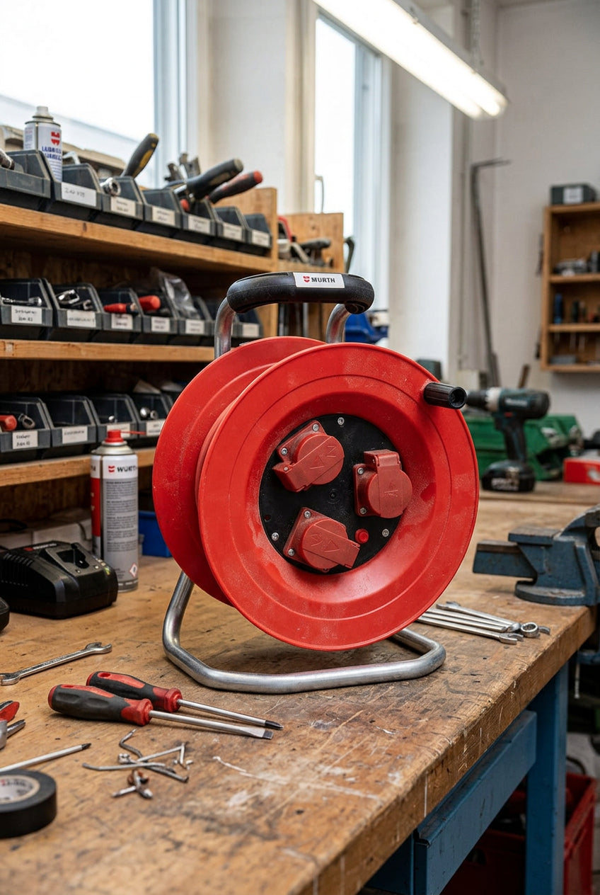 Unbestückte Kabeltrommel mit robustem Gehäuse und rutschfestem Griff für flexible Stromversorgung