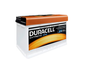 STARTBATT Duracell Extreme DE65HEFB car battery with black and orange casing and terminals visible