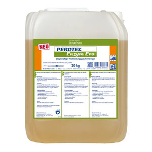 20kg Kanister mit Perotex Enzym Evo, einem enzymatischen Reinigungsmittel zur tiefen Reinigung.