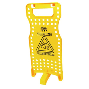 Gelbes Warnschild mit Aufdruck "Achtung Rutschgefahr" und Standfuß.