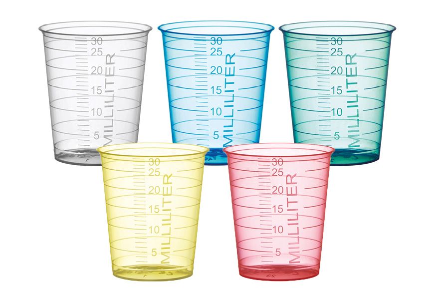 Medicine cup, 30 ml, graduated, green, 80 pieces/bag