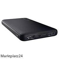 Powerbank mit 10000 mAh, zwei USB-Anschlüssen und LED-Anzeige in kompaktem Design.