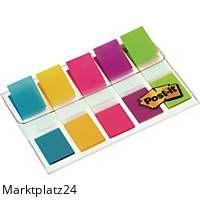 Post-it Mini Index Etui mit 35 selbstklebenden, bunten Indexstreifen in handlicher Größe.
