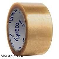 Transparent LYRECO Packband aus Polypropylen, 50 mm breit und 66 m lang, in einer Box mit 6 Rollen.