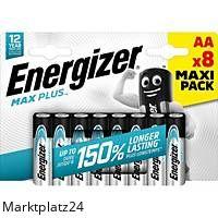 Pack mit acht Energizer Alkaline Max Plus AA Batterien in silber-blauem Design