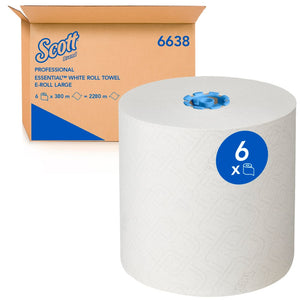 Scott® Essential Rollenhandtücher in Weiß, 6 Rollen, je 380m, für E-roll Large Spender.
